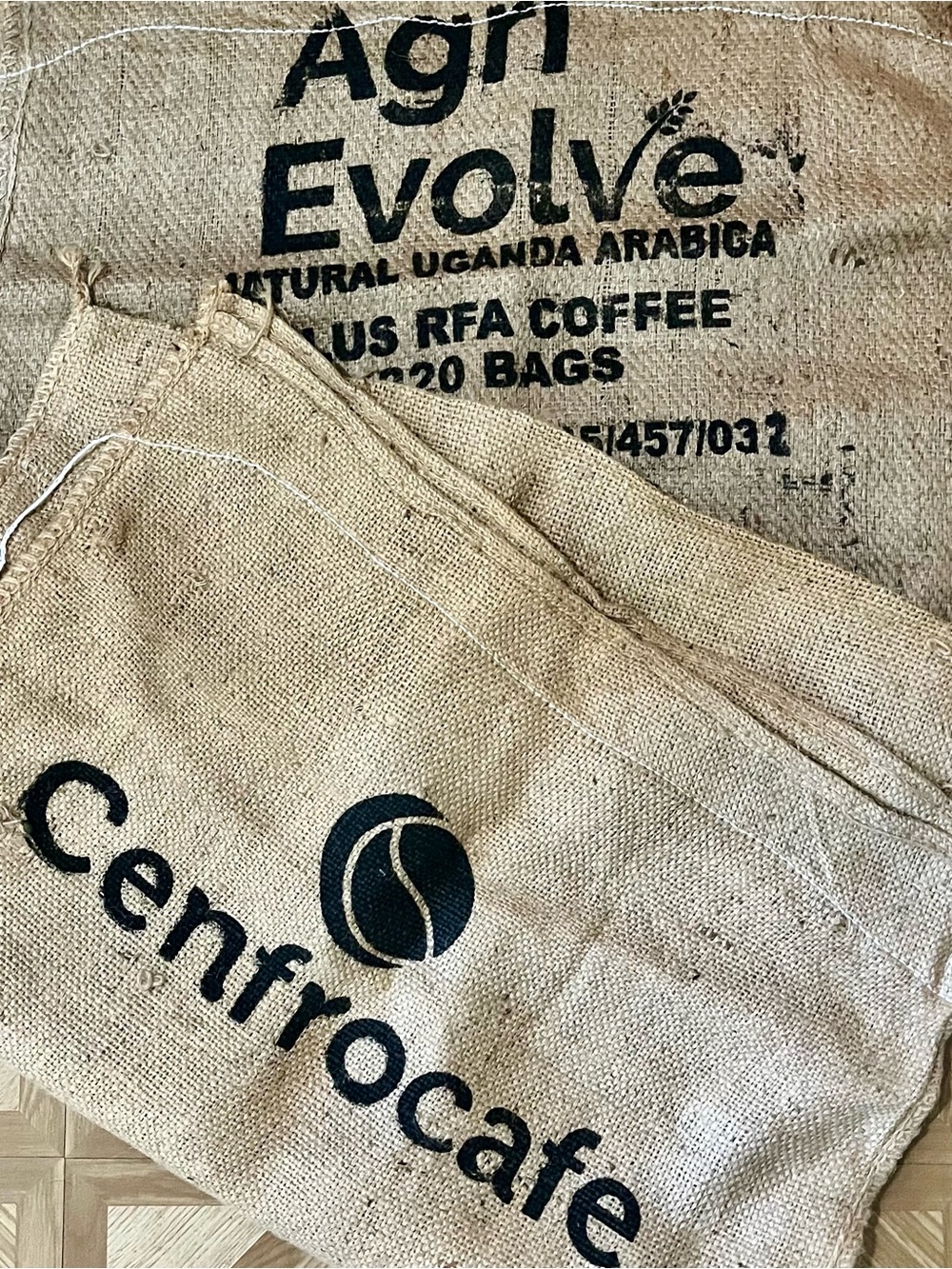 2 Burlap Coffee Sacks Lot Peru Cenfrocafe Uganda Agri Evolve Fall Craft Decor